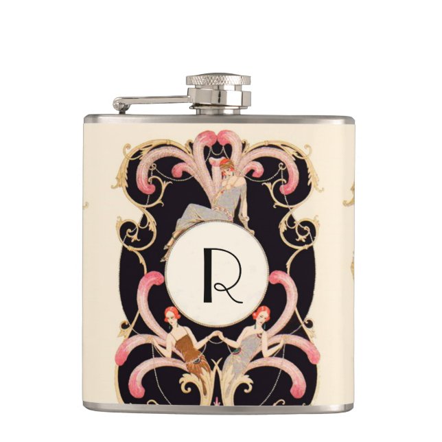 ART DECO BEAUTY FASHION COSTUME DESIGNER MONOGRAM HIP FLASK (Front)