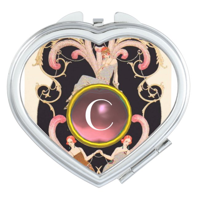 ART DECO BEAUTY FASHION PINK GEMSTONE MONOGRAM MAKEUP MIRROR (Front)