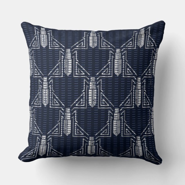 Art Deco Beetle Dashed Pattern - Gray on Navy Blue Throw Pillow (Front)