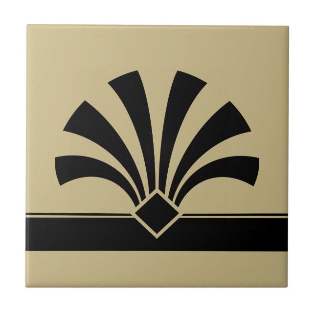 Art Deco Beige Black Geometric Flower Element 06 Ceramic Tile (Front)