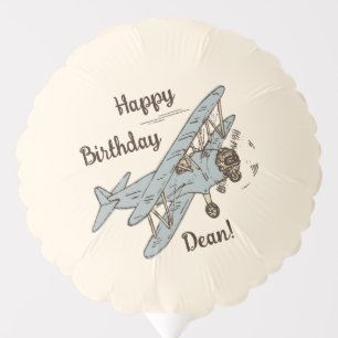 Art Deco Bi-planes - blue Happy Birthday + name. Balloon