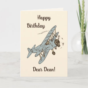 Art Deco Bi-planes - blue Happy Birthday + name. Card