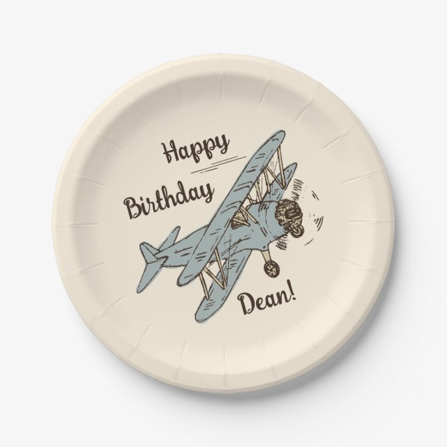 Art Deco Bi-planes - blue Happy Birthday + name. Paper Plates (Front)