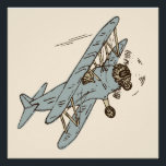 Art Deco Bi-planes - blue no text. Poster<br><div class="desc">Hand-drawn retro steel blue bi-plane set on a cream background. This is a transparent image. You can change the background color and the size and position of the image,  and add your own text (maybe add a name?). This design matches the Art Deco Bi-planes collection.</div>