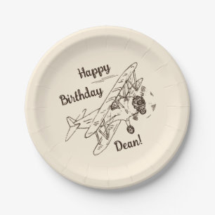 Art Deco Bi-planes - Happy Birthday + name. Paper Plates