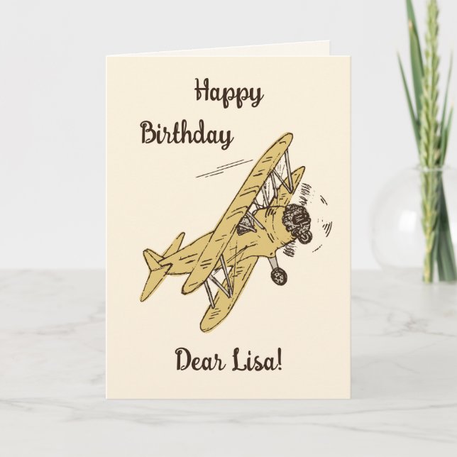 Art Deco Bi-planes - yellow Happy Birthday + name. Card (Front)