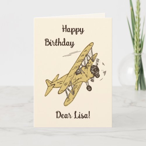 Art Deco Bi_planes _ yellow Happy Birthday  name Card