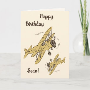 Art Deco Bi-planes - yellow Happy Birthday + name. Card
