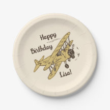 Art Deco Bi-planes - yellow Happy Birthday + name.