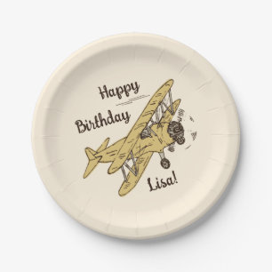Art Deco Bi-planes - yellow Happy Birthday + name. Paper Plates