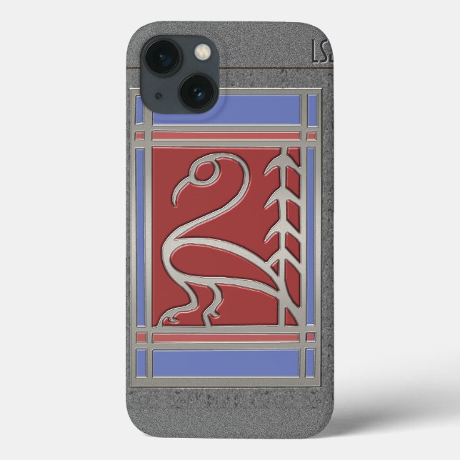 Art Deco Bird and Pine - Gray Blue Red - Monograms Case-Mate iPhone Case (Back)