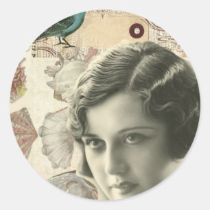 Art deco bird scripts seashells great gatsby girl classic round sticker