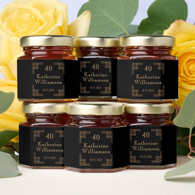 Art Deco Birthday Black Gold Roaring 20's Honey Jar Favors (Insitu)