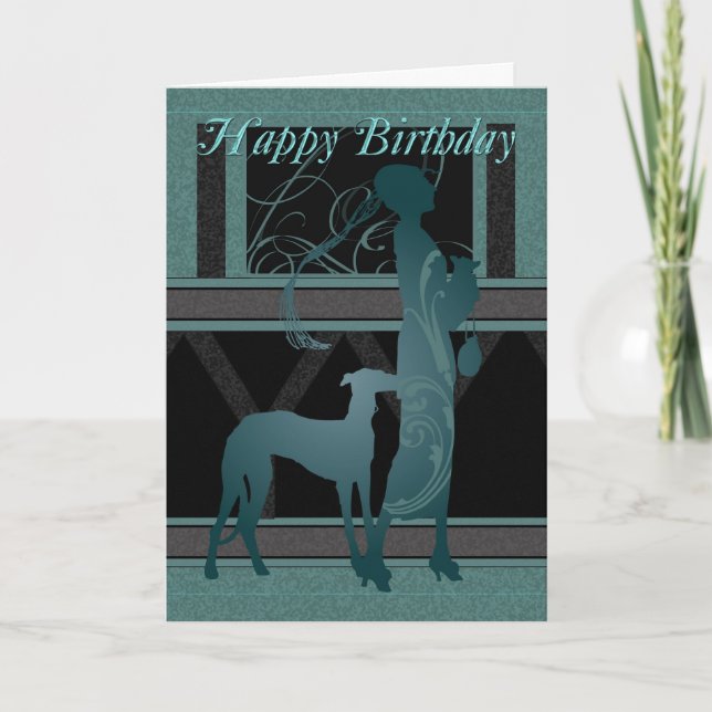 Art Deco Birthday Card With Female And Dog (Front)