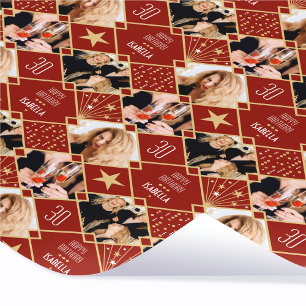 Art Deco Birthday Custom Photo Any Age 30th Red Wrapping Paper
