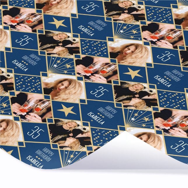 Art Deco Birthday Custom Photo Any Age 35th Navy Wrapping Paper (Creator Uploaded)