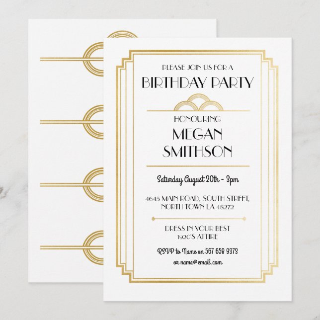 Art Deco Birthday Party 1920's Gatsby Gold Invite (Front/Back)