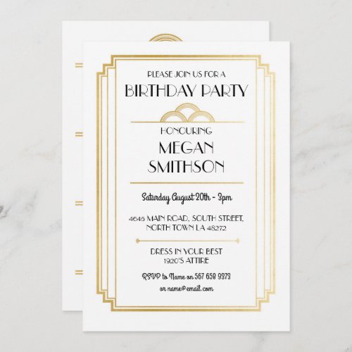 Art Deco Birthday Party 1920s Gatsby Gold Invite