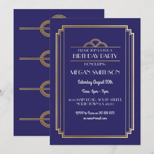 Art Deco Birthday Party Invite Navy 1920s 21 30 40 (Front/Back)