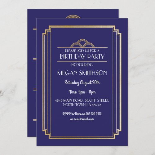 Art Deco Birthday Party Invite Navy 1920s 21 30 40