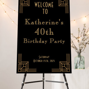 Art Deco Birthday Welcome Sign Black Gold 