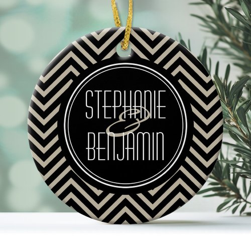 Art Deco Black and Beige Chevron Pattern Ceramic Ornament