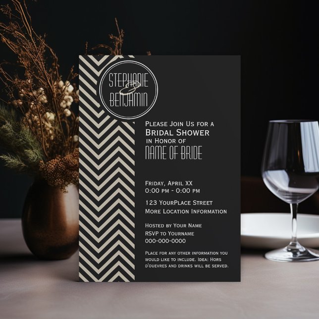 Art Deco Black and Beige Chevron Pattern Invitation (Wedding Shower Invitation - black and taupe art deco)