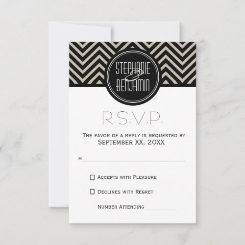 Art Deco Black and Beige Chevron Pattern RSVP Card