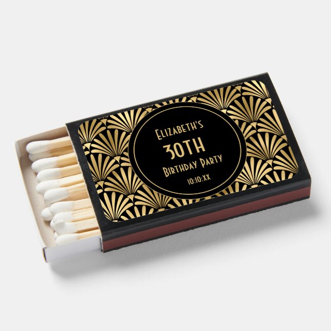 Art Deco Black and Gold 30th Birthday Party  Matchboxes (Front Open)