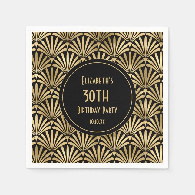 Art Deco Black and Gold 30th Birthday Party   Napkins (Front)