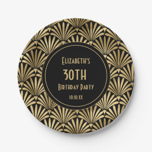 Art Deco Black and Gold 30th Birthday Party Paper Plates