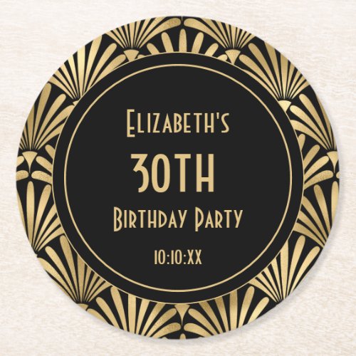 Art Deco Black and Gold 30th Birthday Party    Round Paper Coaster