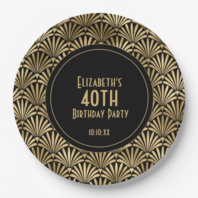 Art Deco Black and Gold 40th Birthday Party Paper Plates (Front)