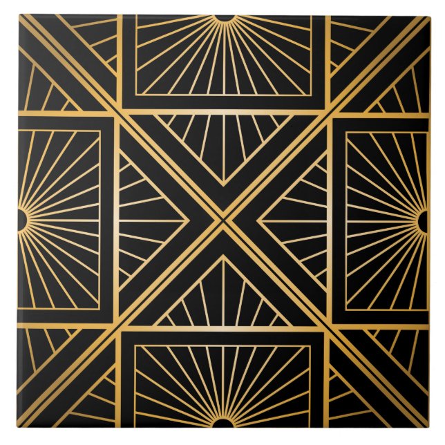 Art Deco Black and Gold Abstract Geometric Ceramic Tile (Front)