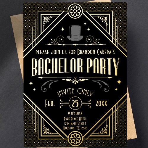 Art Deco Black and Gold Bachelor Party  Foil Invitation