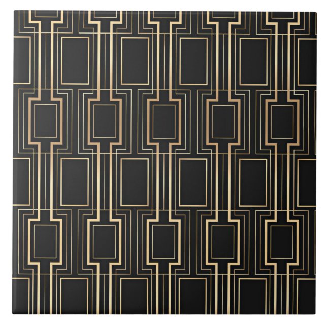 Art deco black and gold ceramic tile (Front)