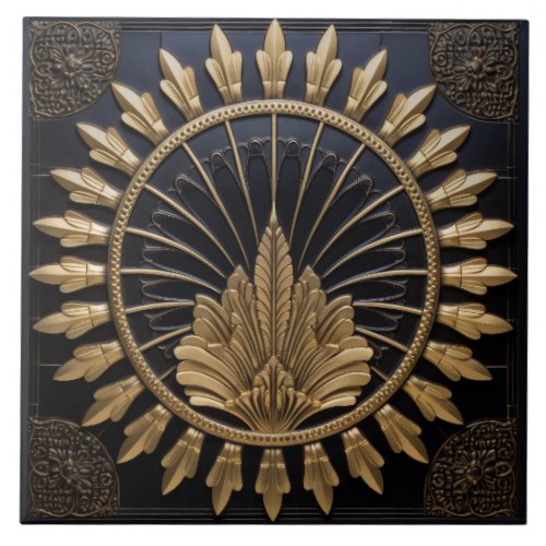 Art Deco Black And Gold Circle Luxury Ceramic Tile