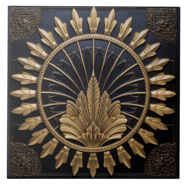 Art Deco Black And Gold Circle Luxury Ceramic Tile (Front)