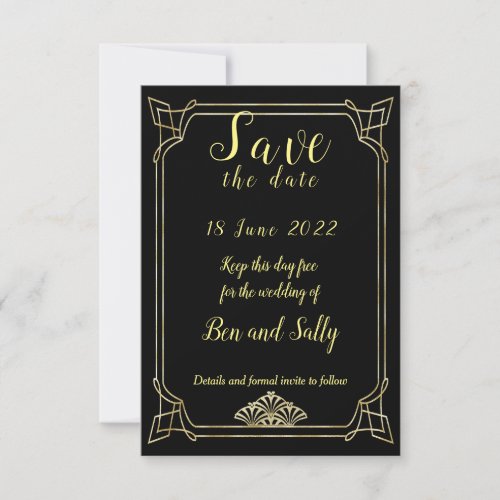 Art Deco black and gold elegant Save the Date card