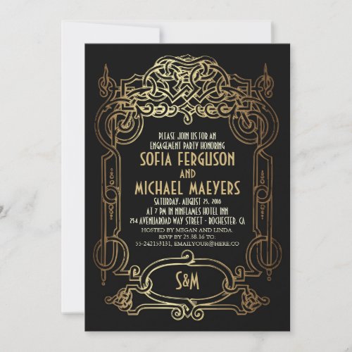 Art Deco Black and Gold Engagement Party Invitation
