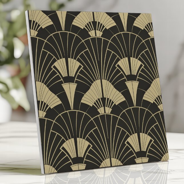 Art Deco Black and Gold Fan Pattern Ceramic Tile (Creator Uploaded)