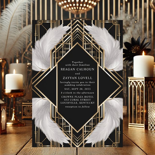 Art Deco Black and Gold Feather Wedding Invitation (Creator Uploaded)
