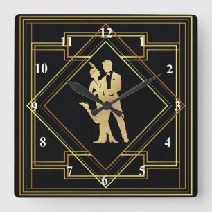 Art Deco black and gold flapper 1920s vintage Square Wall Clock