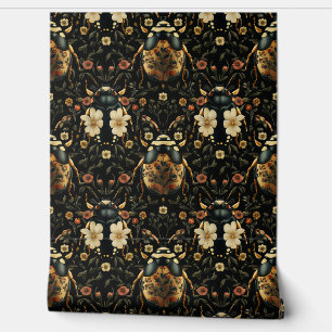 Art Deco Black And Gold Floral Beetle Pattern Wallpaper