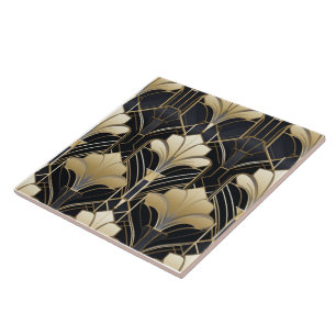 Art Deco Black and Gold Floral  Ceramic Tile