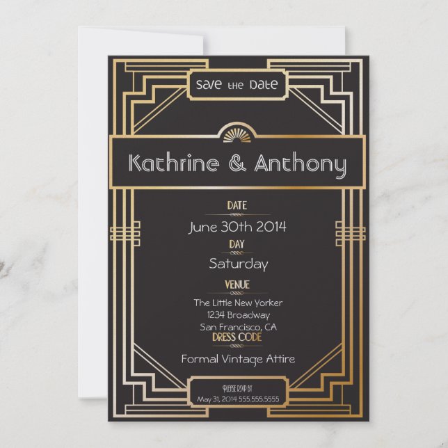 Art Deco Black and Gold Gatsby Save the Date (Front)
