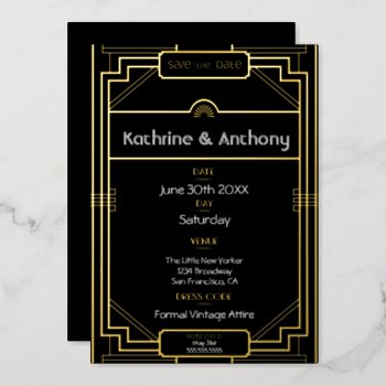 Art Deco Black And Gold Gatsby Save The Date Foil Invitation by Wedding_Trends at Zazzle