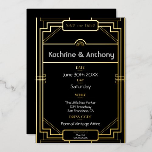 Art Deco Black and Gold Gatsby Save the Date Foil Invitation