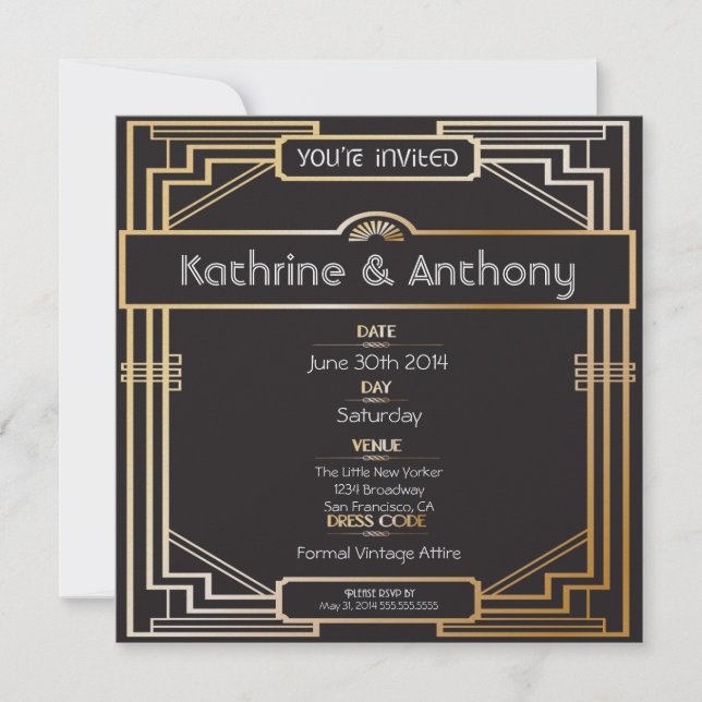 Art Deco Black and Gold Gatsby Wedding Invitation (Front)