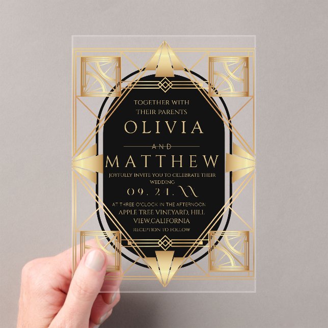 Art Deco Black and Gold Geometric Wedding  Acrylic Invitations (Insitu (Handheld))